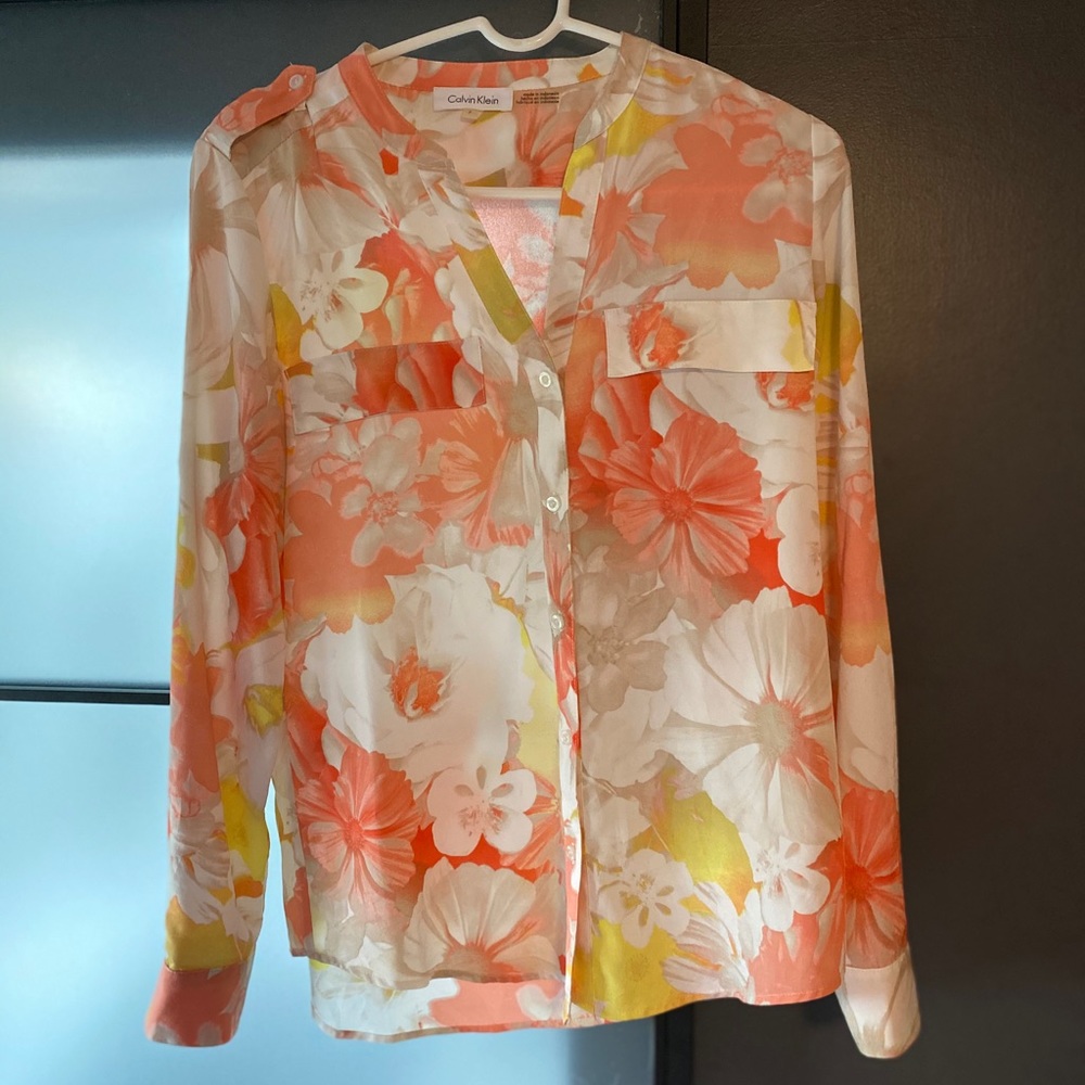 Calvin Klein Floral Button-Up, Long Sleeve Blouse